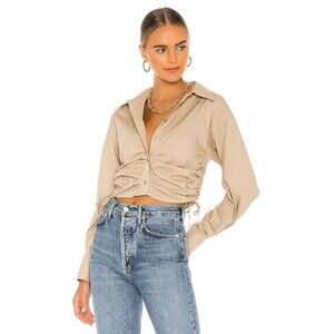 L'Academie Beige Ruched Crop Button-Up Blouse